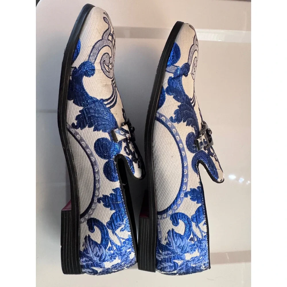 Successo Uomo by Puita Mens Blue White Jacquard Damask Bit Loafers Dress Shoes